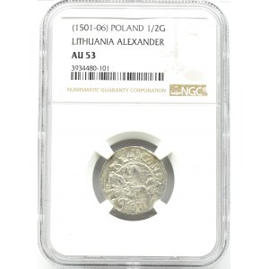 Alexander Jagiellonian, Lithuanian half-penny, Vilnius, NGC AU53