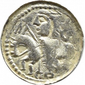 Boleslaw II the Bold, denarius - prince on horseback, lying letter S