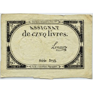 France, Assignment for 5 livres 1793, Series 5793 Signature: Lenoir