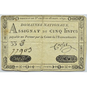 Francja, asygnata na 5 liwrów 1791, seria 33 podpis: Corset