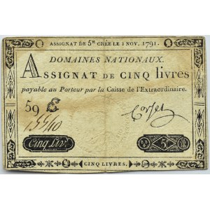 Francja, asygnata na 5 liwrów 1791, seria 59 podpis: Corset