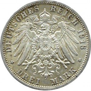 Niemcy, Prusy, Wilhelm II w mundurze, 3 marki 1913 A, Berlin, UNC