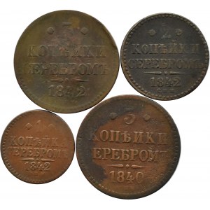 Rosja, Mikołaj I, lot czterech monet 1-3 kopiejek 1840-42, Iżorsk