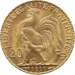Francja, Republika, Kogut, 20 franków 1911, Paryż, UNC