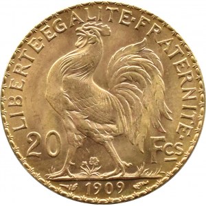 Francja, Republika, Kogut, 20 franków 1909, Paryż, UNC