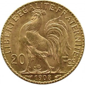 France, Republic, Rooster, 20 francs 1908, Paris, UNC