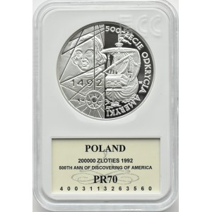 Polen, III RP, 200000 Zloty 1992, 500. Jahrestag der Entdeckung Amerikas, Warschau, UNC