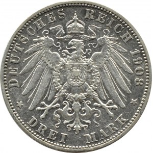 Niemcy, Badenia, Fryderyk II, 3 marki 1908 G, Karlsruhe