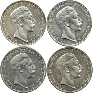 Niemcy, Prusy, Wilhelm II, lot monet 3 marki 1909-1912 A, Berlin