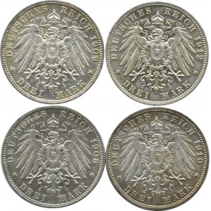 Deutschland, Preußen, Wilhelm II, Münzkonvolut 3 Mark 1909-1912 A, Berlin