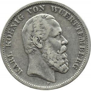 Germany, Württemberg, Karl, 5 marks 1876 F, Stuttgart