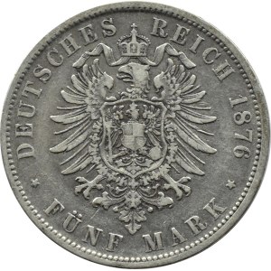 Germany, Württemberg, Karl, 5 marks 1876 F, Stuttgart