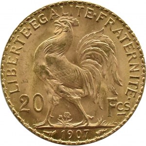 Francja, Republika, Kogut, 20 franków 1907, Paryż, UNC