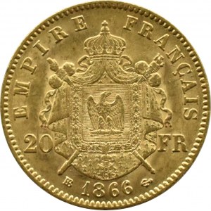Frankreich, Napoleon III, 20 Francs 1866 BB, Straßburg