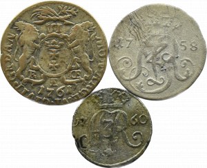 Polska, August III Sas, lot trzech srebrnych monet, od szeląga do szóstaka