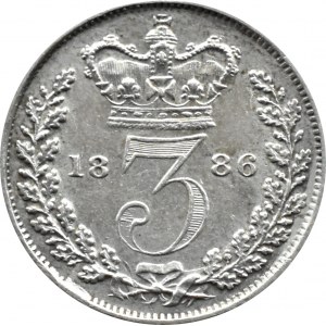Wielka Brytania, Wiktoria, 3 pensy 1886, PIĘKNE i rzadkie