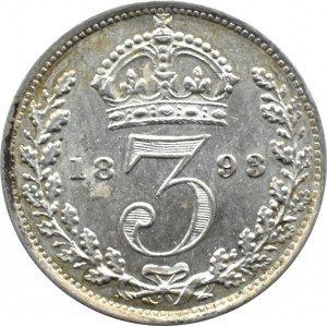 Wielka Brytania, Wiktoria, 3 pensy 1893, PIĘKNE i rzadkie