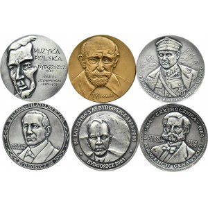 Polen, Volksrepublik Polen, Flug von sechs Medaillen mit prominenten Figuren, versilberte Bronze