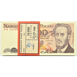 Polska, PRL, paczka bankowa 100 złotych 1986, Warszawa, seria RW, UNC
