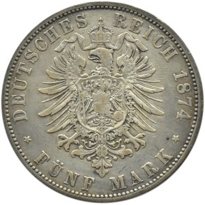 Niemcy, Bawaria, Ludwik II, 5 marek 1874 D, Monachium, najrzadszy rocznik