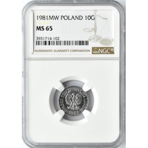 Polska, PRL, 10 groszy 1981, Warszawa, NGC MS65