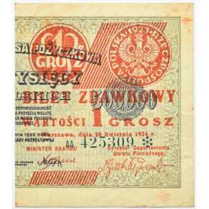 Polen, Zweite Republik, Passierschein 1 Pfennig 1924, rechte Hälfte, AA*, schön!