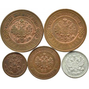 Russia, Nicholas II, flight of five kopeck coins 1909-1916, St. Petersburg