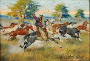 Jerzy Kossak (1886 - 1955), Kowboj pędzący konie, 1945