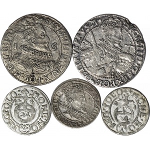 5 szt. Zygmunt III Waza, Orty, Grosz i Półtoraki