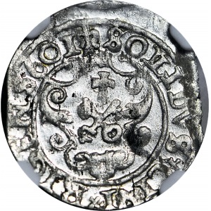 RR-, Zygmunt III Waza, Szeląg 1601 Ryga, błąd SOILIDUS (zamiast SOLIDUS), menniczy, nienotowany