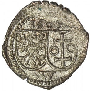 R-, Zygmunt III Waza, Denar 1609, Wschowa, bez kropek po bokach W, R5