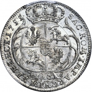 August III Sas, Ort 1755, Lipsk, małe literki EC, menniczy