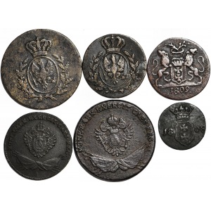 6 szt. 3 grosze i 1 grosz 1816 Poznań, 3 grosze i 1 grosz 1794 Galicja dla wojsk, Gdańsk Grosz 1809 i Szeląg 1808