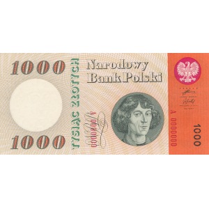 Nie wprowadzone do obiegu, 1000 złotych 1962, ser. A0000000