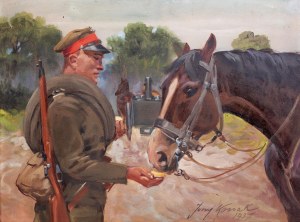Jerzy Kossak (1886 Kraków - 1955 tamże), Ułan karmiący konia