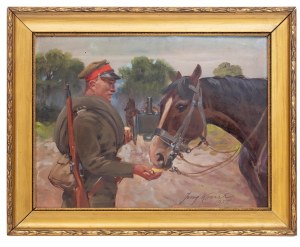 Jerzy Kossak (1886 Kraków - 1955 tamże), Ułan karmiący konia