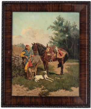 Władysław Karol Szerner (1870 Szebenice -1936 tamże), Pandur ze swoim koniem i dwoma psami