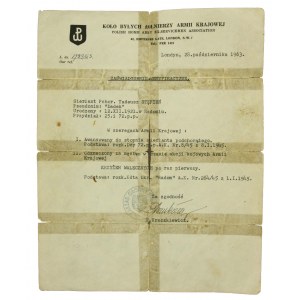 Zaświadczenie weryfikacyjne Koła Byłych Żołnierzy AK w Londynie (1963 r.)