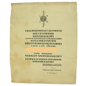 Dyplom nadania Medalu Niepodległości z 1937 r