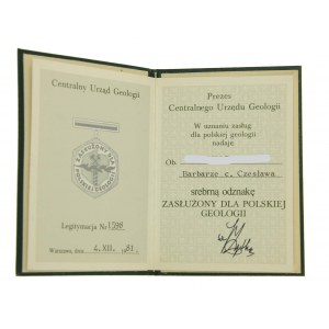 Legitymacja do srebrnej odznaki Zasłużony dla Polskiej Geologii z 1981 r.
