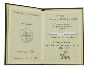 Legitymacja do srebrnej odznaki Zasłużony dla Polskiej Geologii z 1981 r.