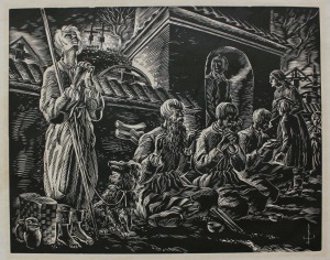 Edmund Bartłomiejczyk (1885-1950), Dziady przy bramie cmentarnej (z teki „Zbiór drzeworytów”, 1939)