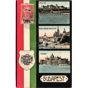 Budapest, Királyi vár, Mátyás templomhoz vezető lépcső, Országház. Magyar zászlós és címeres szecessziós montázs + ...