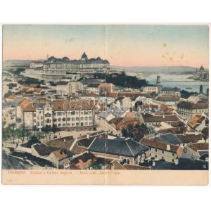 1900 Budapest I. Kilátás a Gellért hegyről, Tabán, Királyi vár. Taussig A. Két részes kihajtható panorámalap (Rb...