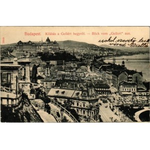 1909 Budapest I. Kilátás a Gellérthegyről, Tabán, piac, vár, Döbrentei tér, Stósz-féle vendéglő, Rácz fürdő, fodrász...