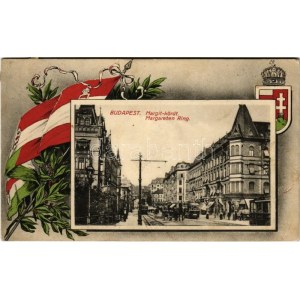 1915 Budapest II. Margit körút, villamosok, Margit Park kávéház. Szecessziós montázs magyar zászlóval és címerrel (fl...
