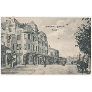 1915 Budapest IV. Újpest, Árpád út, villamos, cukrászda, üzletek, lovaskocsi. Salgó-féle kiadás (EK...