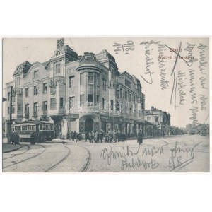 1914 Budapest IV. Újpest, Árpád és István út sarok, villamos, áruház, cukrászda, üzletek...