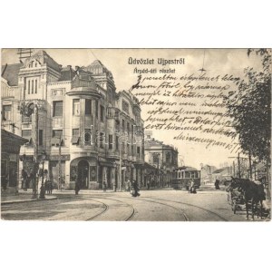 1911 Budapest IV. Újpest, Árpád út, villamos, cukrászda, gyógyszertár, drogéria...
