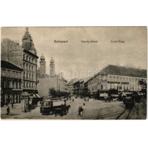 Budapest V. Károly körút, Dohány utcai zsinagóga, villamosok, Dreher Antal sörfőzdéjének városi főraktára...
